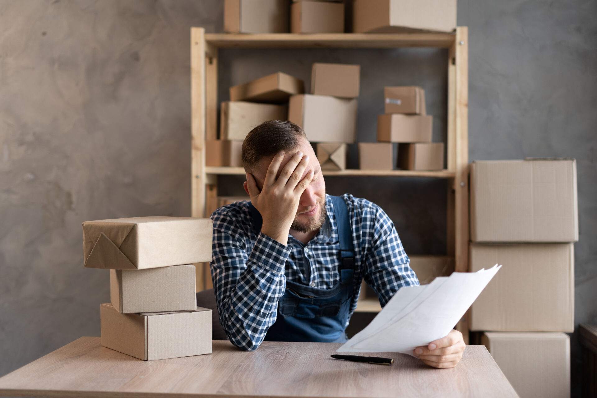 frustrated man at desk surrounded by boxes