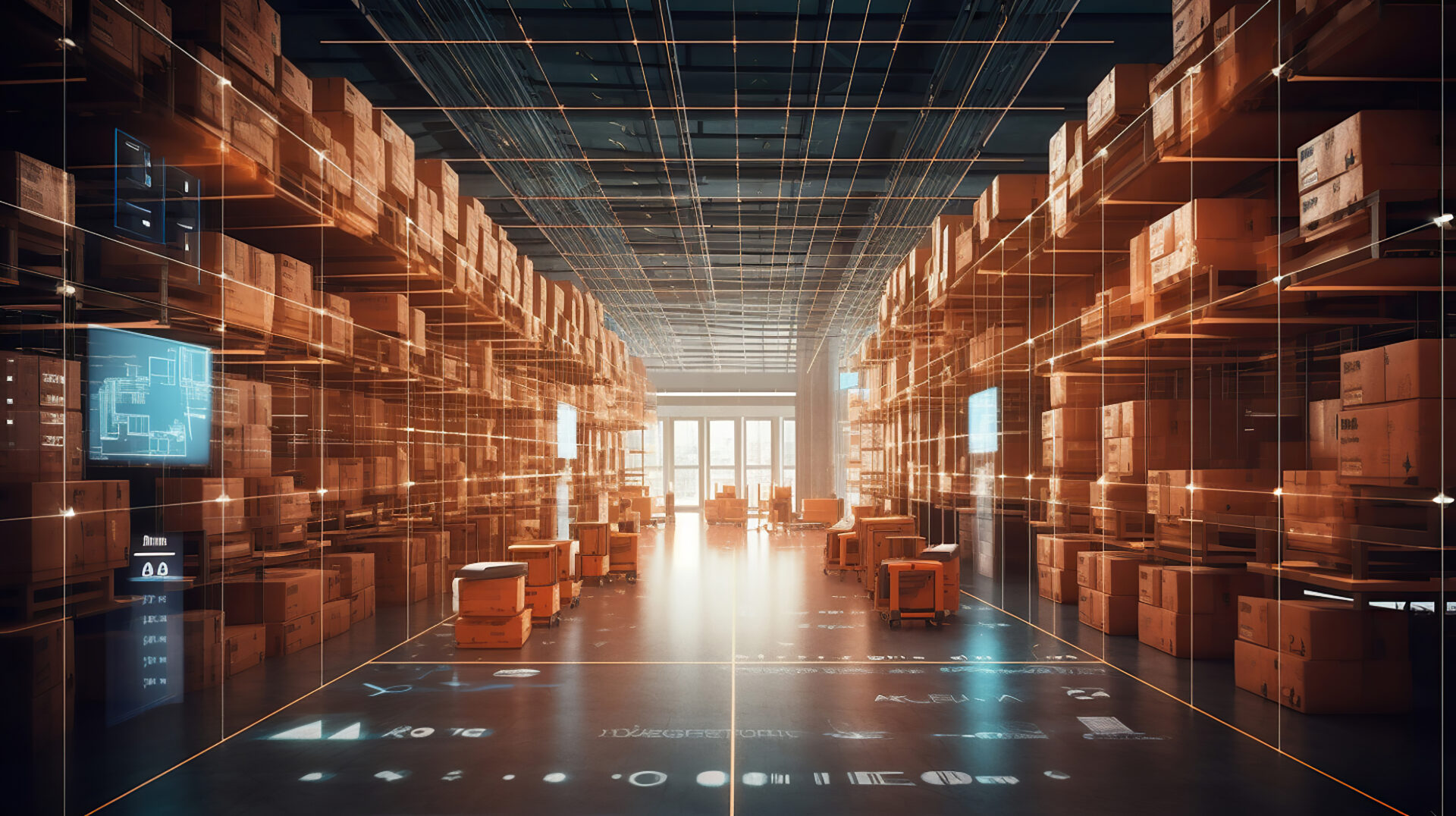 Warehouse with digital lines and tablet