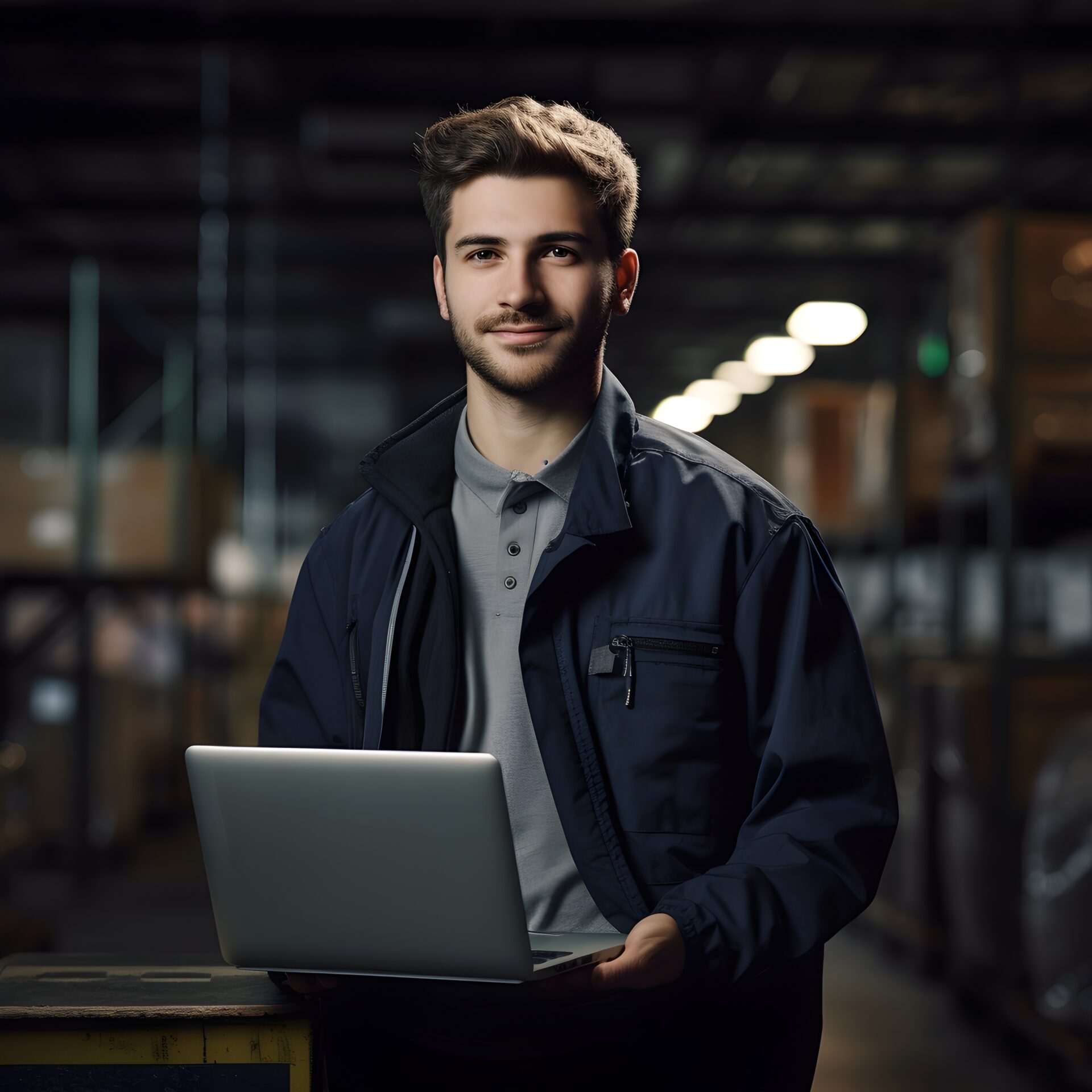 Man in hard hart pushing a pallet on a cart through a warehouse