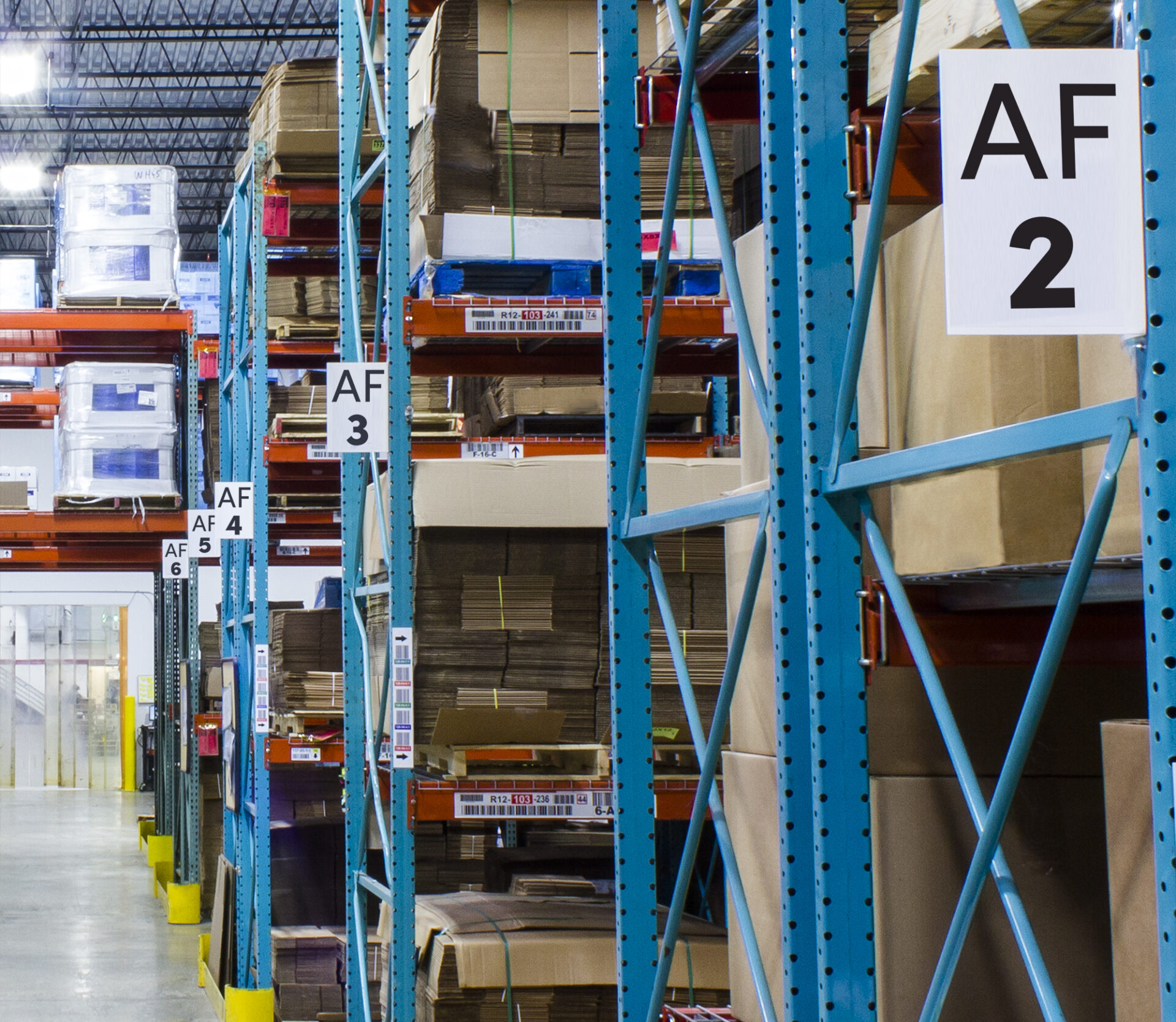 Rows of products in a warehouse