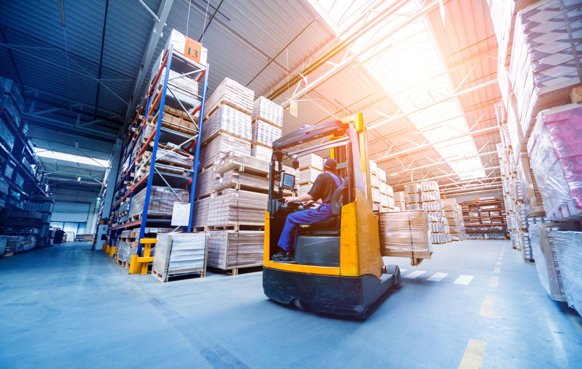 Forklift in a large warehouse